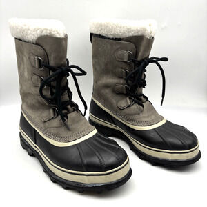 SOREL 'Caribou' Grey Leather Sherpa Trim Waterproof Heavy Snow Men's Boots 12